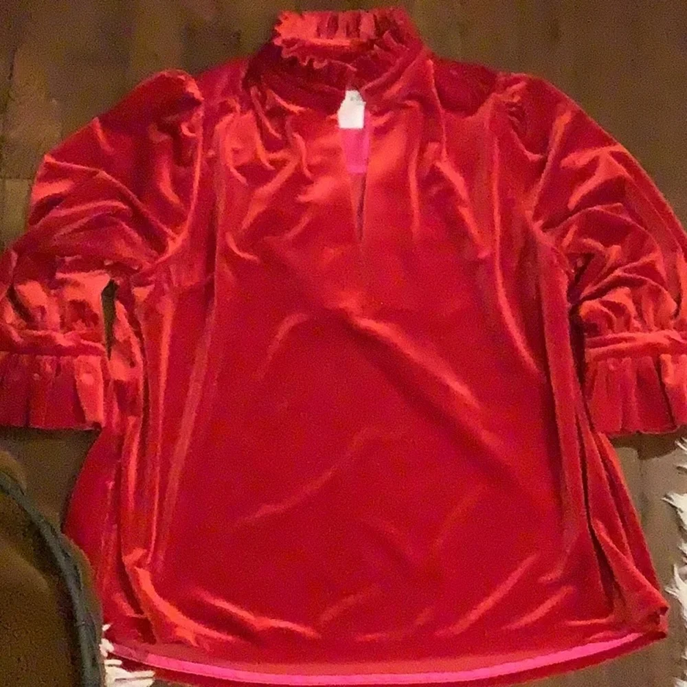 Gretchen Scott Designs Velvet Red Ruffled Blouse Size Small - Picture 6 of 7